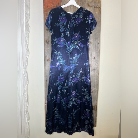 Laura Ashley 90s Vintage Satin Dark Floral Short Sleeve Maxi Dress Size 6 - Picture 5 of 10